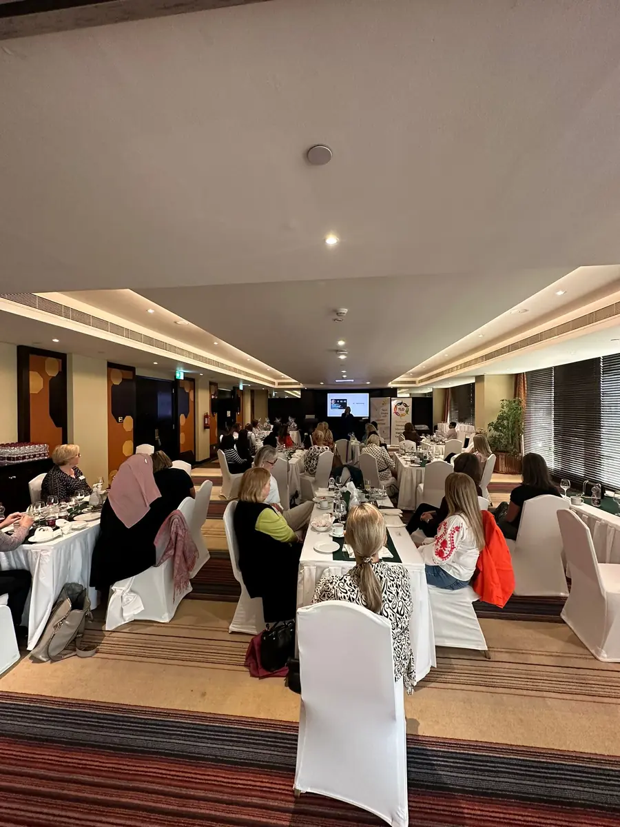 Banquet hall set up for a corporate dinner