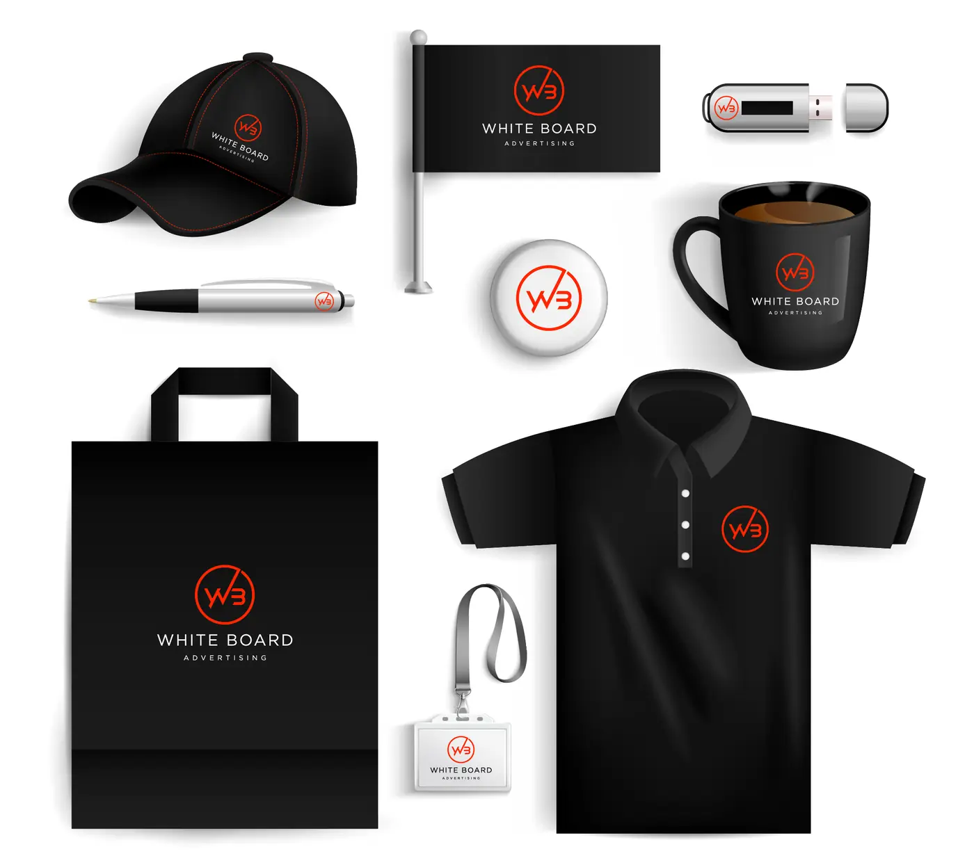 Branded corporate gifts: cap, flag, pen, USB drive, mug, tote bag, polo shirt and lanyard